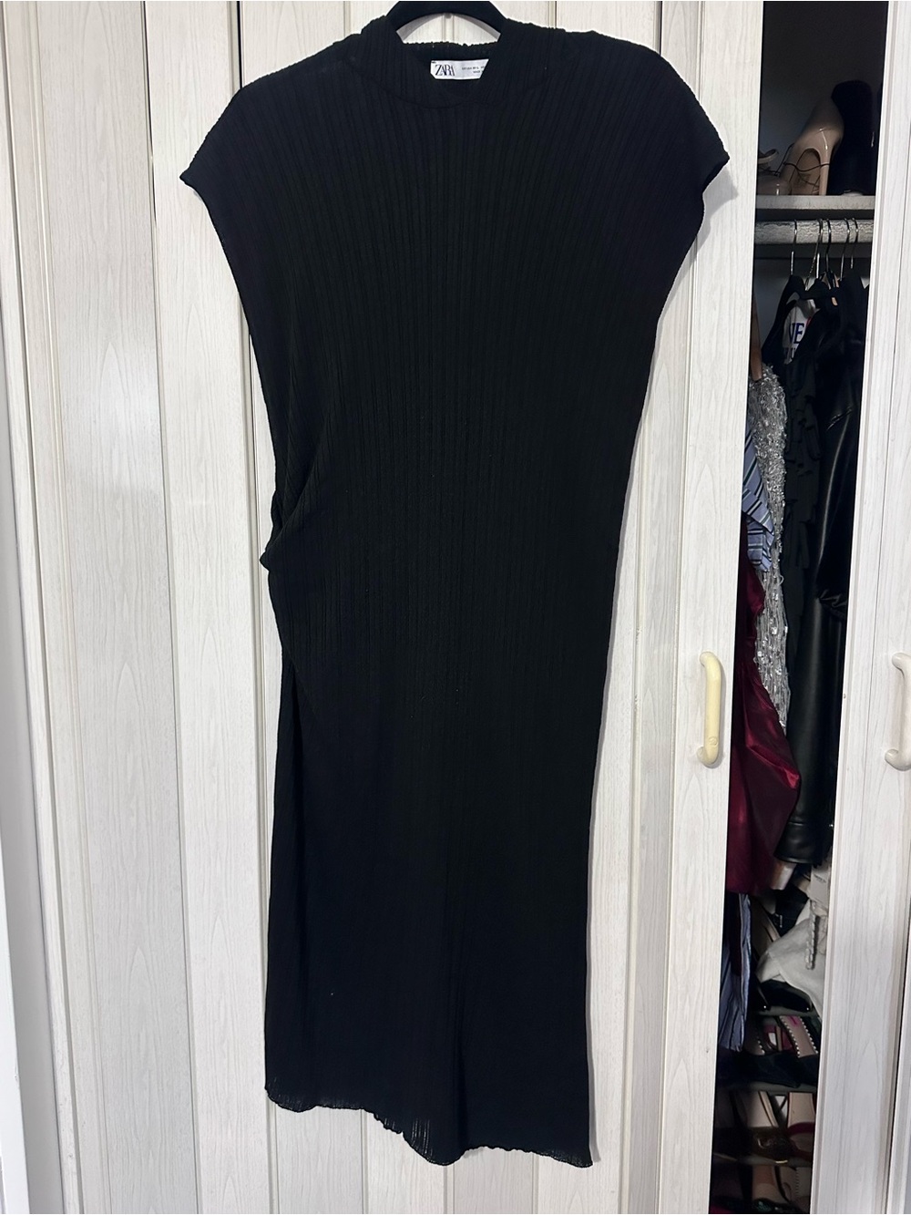 Zara Black Ribbed Midi Dress with Cap Sleeves